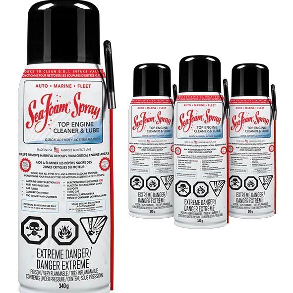 Sea Foam Spray benefits illustrated on product packaging for engine cleaner and lube solutions