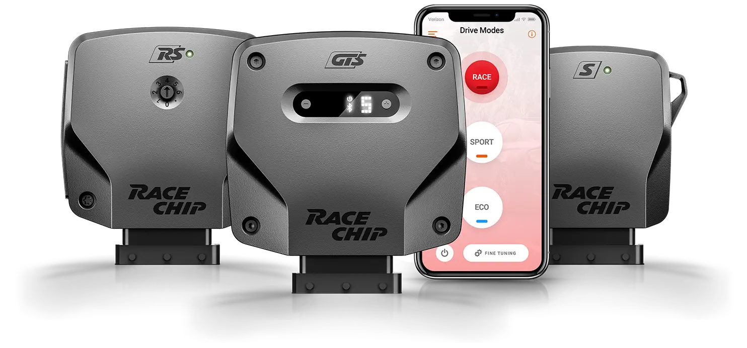 RaceChip tuning benefits displayed with tuning modules and a mobile app showing drive modes