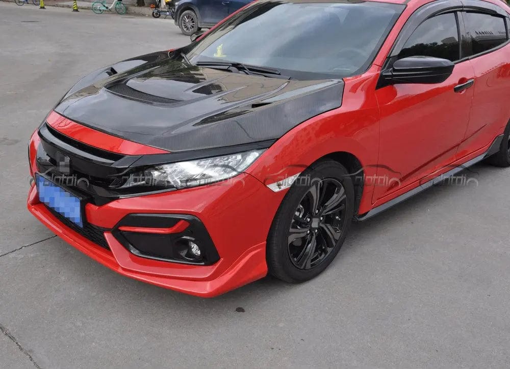 Red Honda Civic FK7 with TunerGenix Honda Civic FK7 carbon fiber hood and black alloy wheels