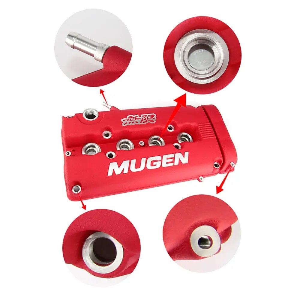 TunerGenix red DOHC engine valve cover with silver accents and detailed close-ups showing design features