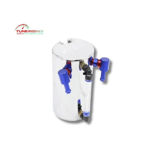 TunerGenix Honda Civic turbo kit polished aluminum oil catch can with blue fittings