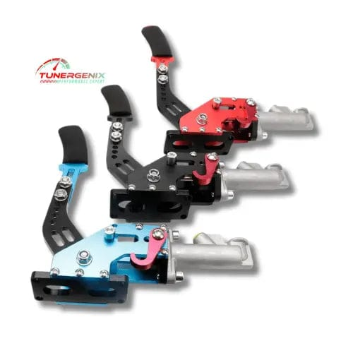 TunerGenix racing hydraulic handbrake in red, black, and blue with ergonomic lever design