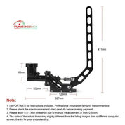 TunerGenix universal racing handbrake with detailed dimensions in black metal construction