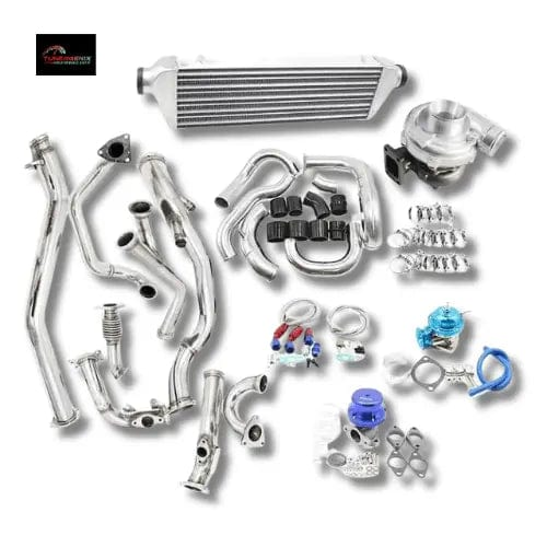 TunerGenix Nissan 350z turbocharger kit with intercooler, pipes, turbocharger, clamps, and fittings
