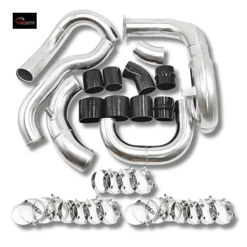 TunerGenix Nissan 350z turbocharger kit with polished pipes black couplers and metal clamps