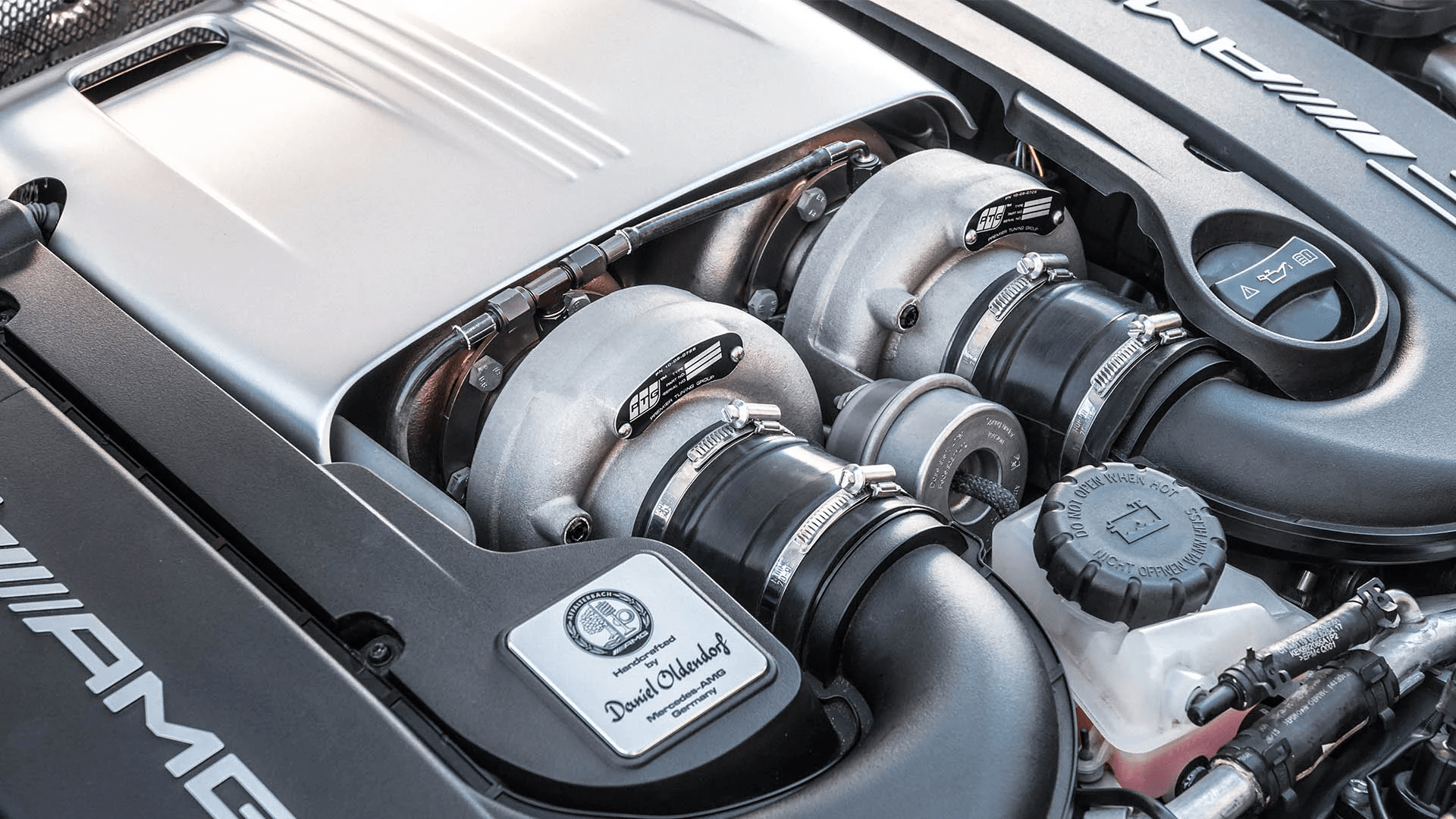 Close-up of PTG 1000 M177.1 Turbo System installed in a high-performance AMG engine bay