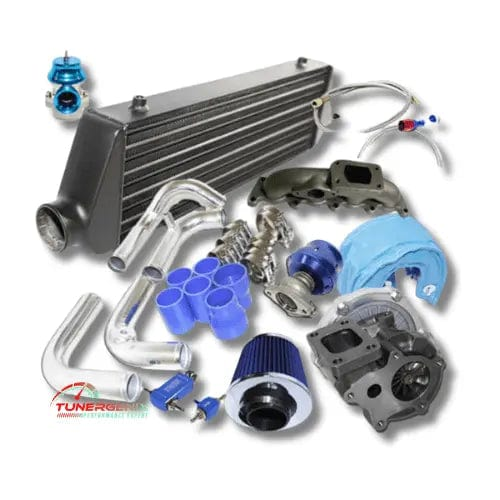 Audi A4 1.8T turbo kit components including intercooler, pipes, and turbocharger parts