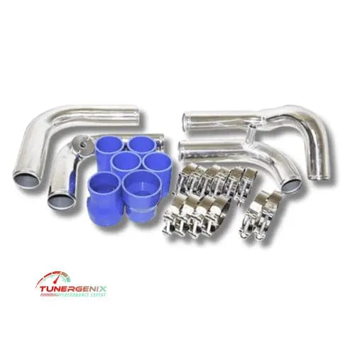 TunerGenix Audi A4 1.8T turbo kit with polished pipes and blue silicone hoses for enhanced performance