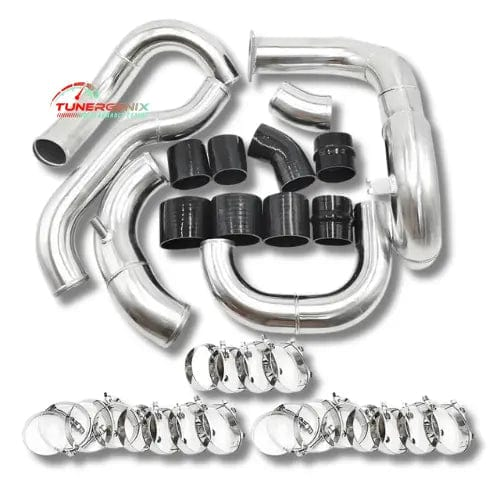TunerGenix Nissan 350Z turbo kit featuring polished pipes, connectors, and clamps for enhanced performance