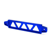TunerGenix blue anodized aluminum performance battery tie down with triangular cutouts for car interior accessories
