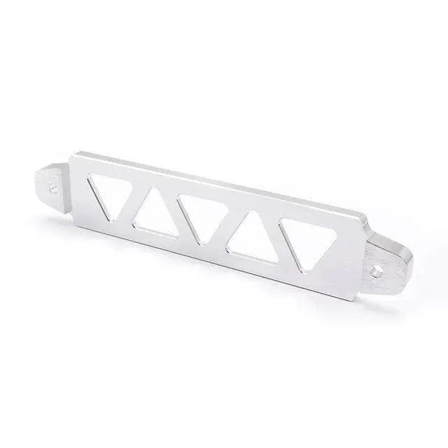 TunerGenix silver performance battery tie down with triangular cutouts for secure battery mounting